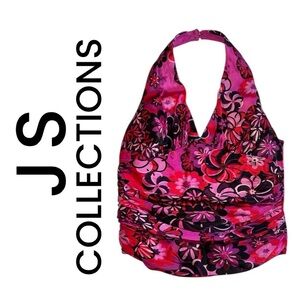 JS COLLECTIONS Pink Purple Floral Silk V-Neck Halter Top Ruched Blouse Women's 6